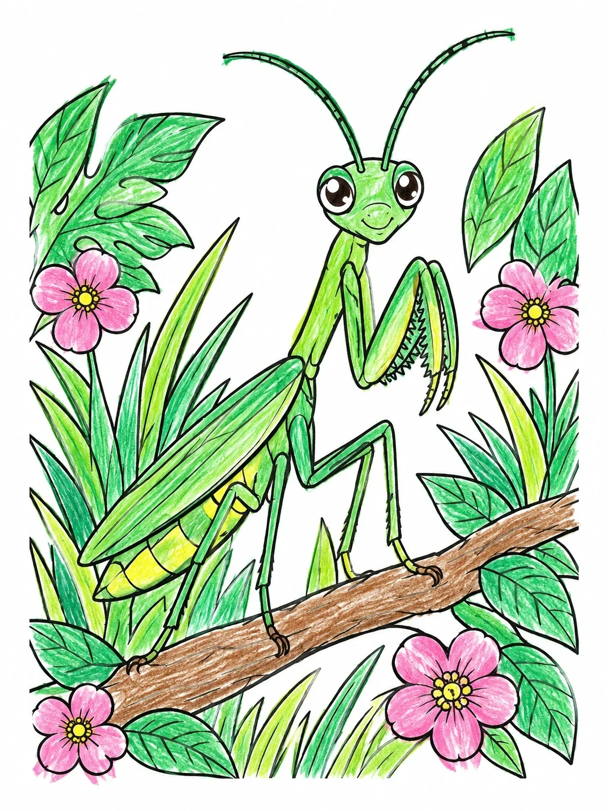 Colored example of the Cute Praying Mantis In The Garden coloring page