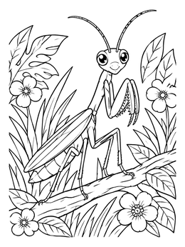Free printable Cute Praying Mantis In The Garden coloring page