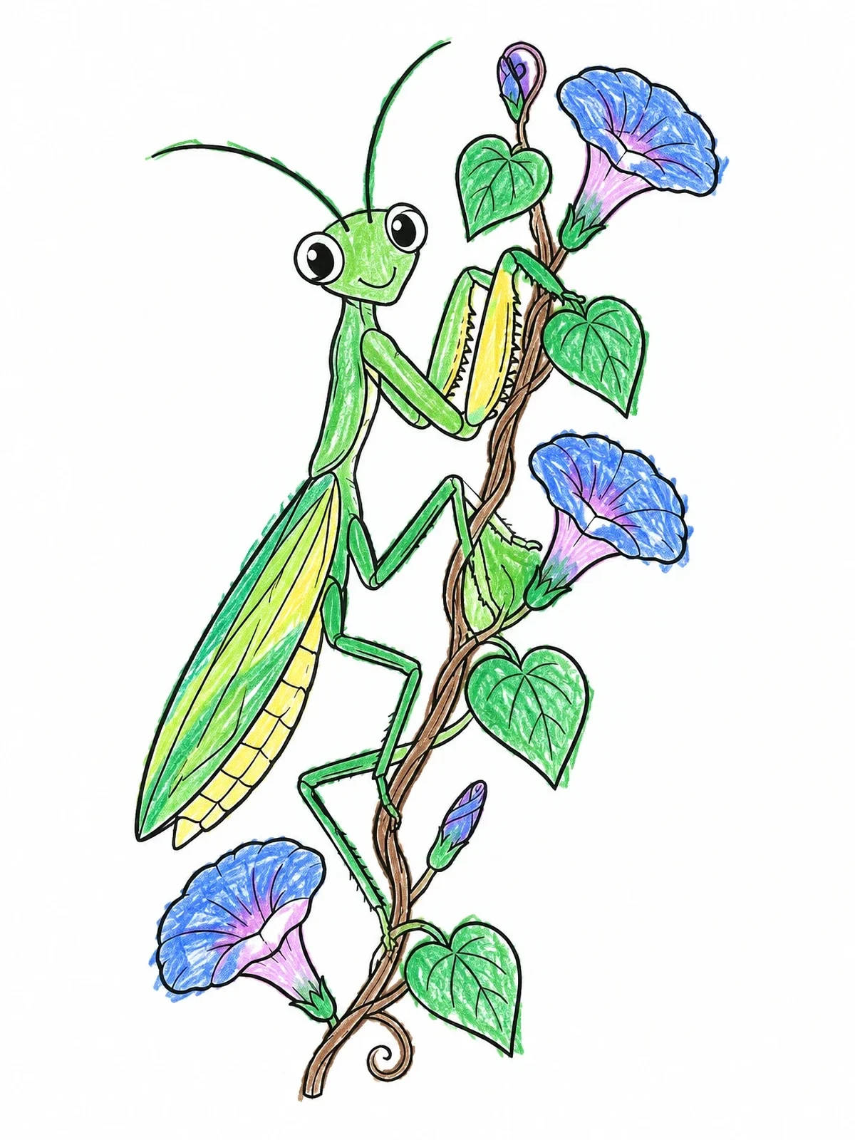 Colored example of the Cute Praying Mantis On Morning Glory coloring page
