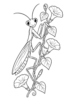 Free printable Cute Praying Mantis On Morning Glory coloring page
