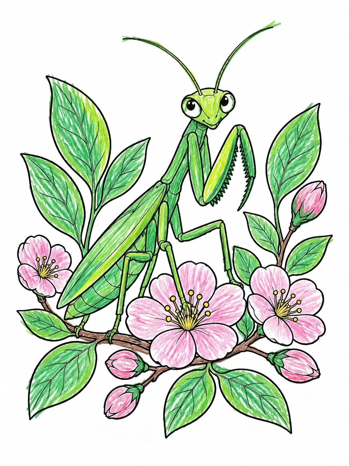 Colored example of the Cute Praying Mantis On Cherry Blossoms coloring page