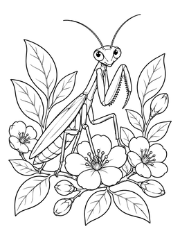 Free printable Cute Praying Mantis On Cherry Blossoms coloring page