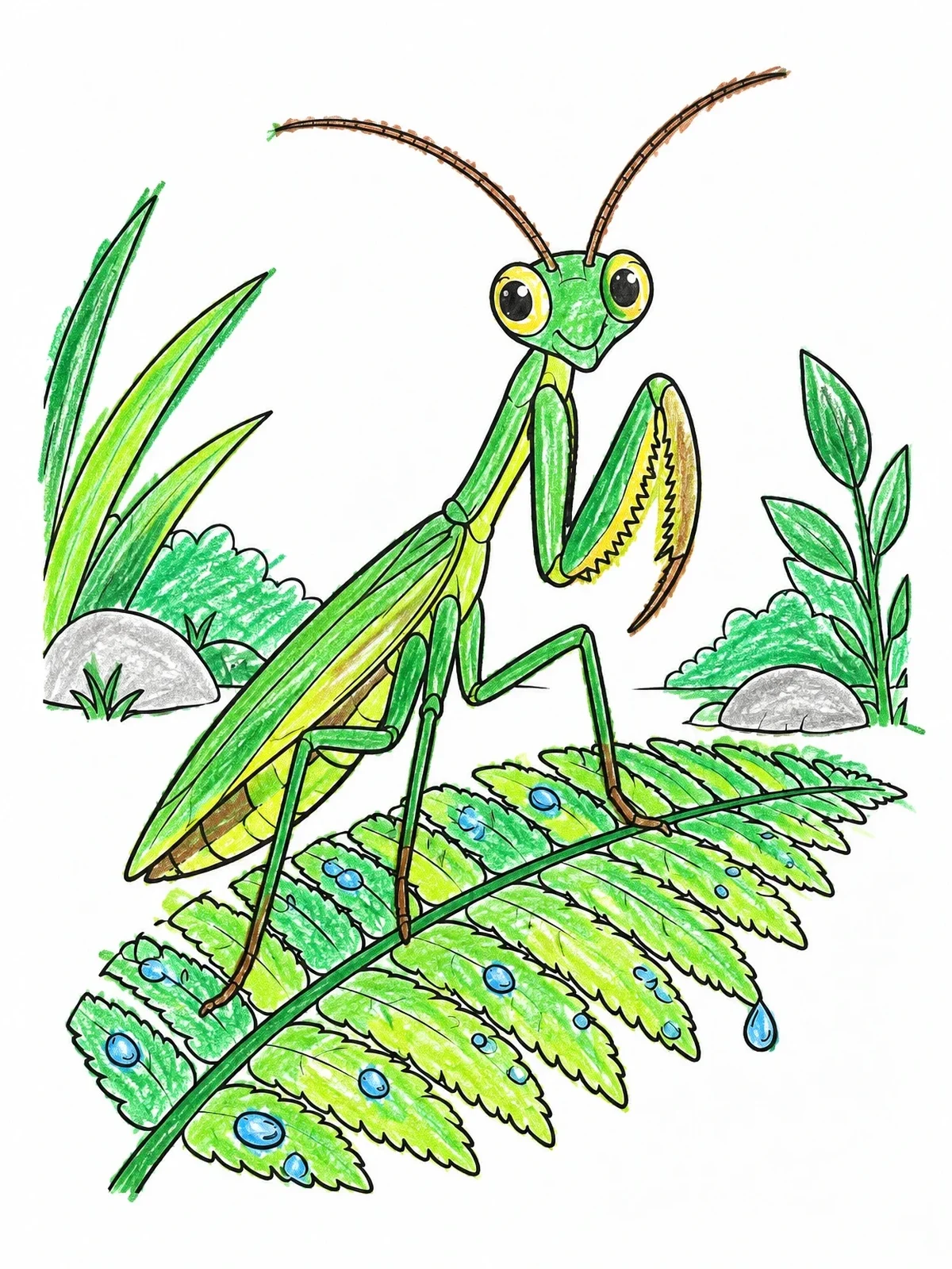 Colored example of the Cute Praying Mantis On A Fern coloring page