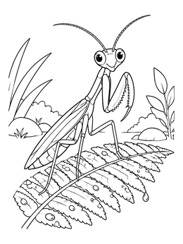 Free printable Cute Praying Mantis On A Fern coloring page