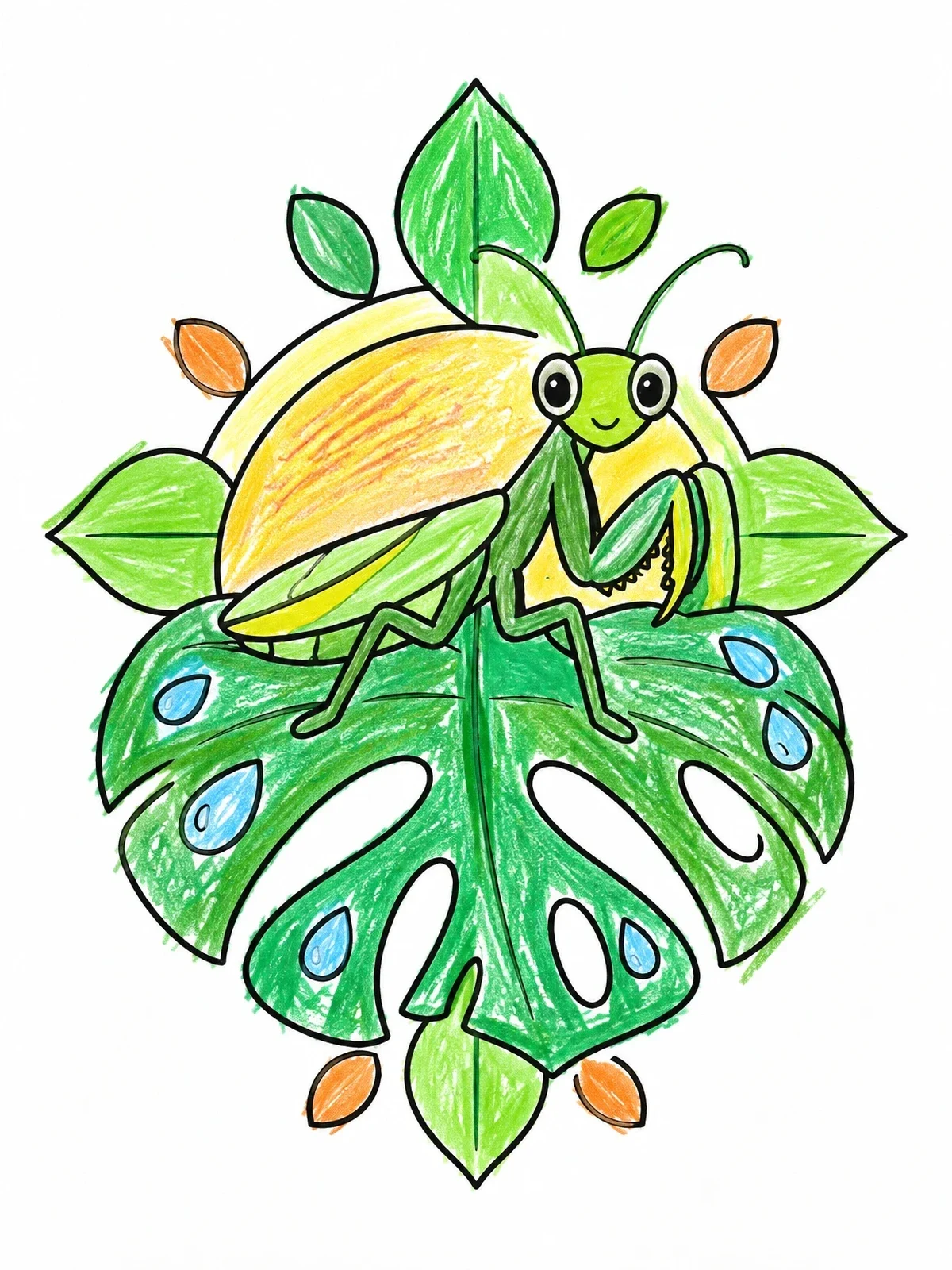Colored example of the Cute Praying Mantis On Leaf coloring page