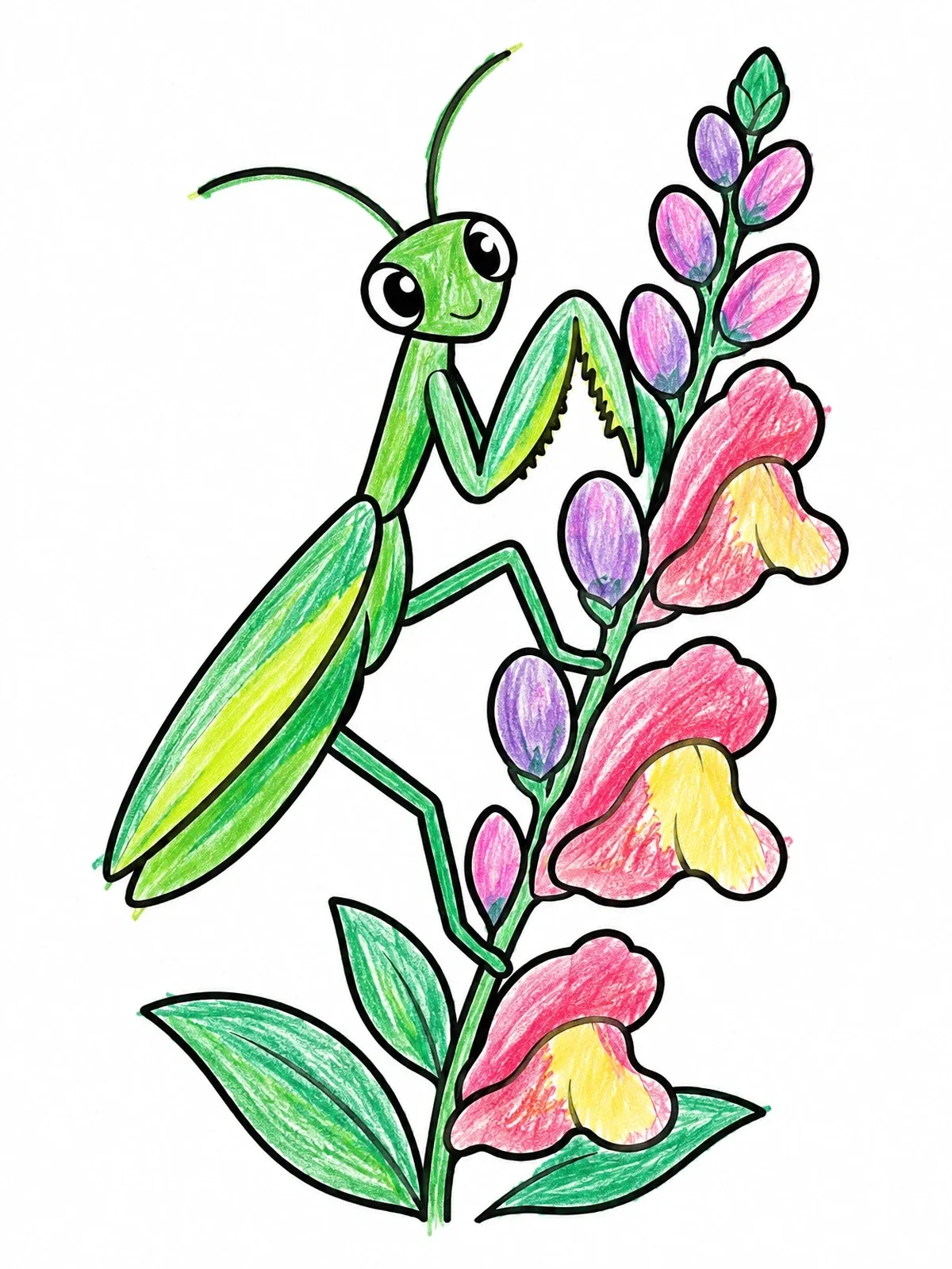 Colored example of the Cute Praying Mantis On Snapdragon coloring page