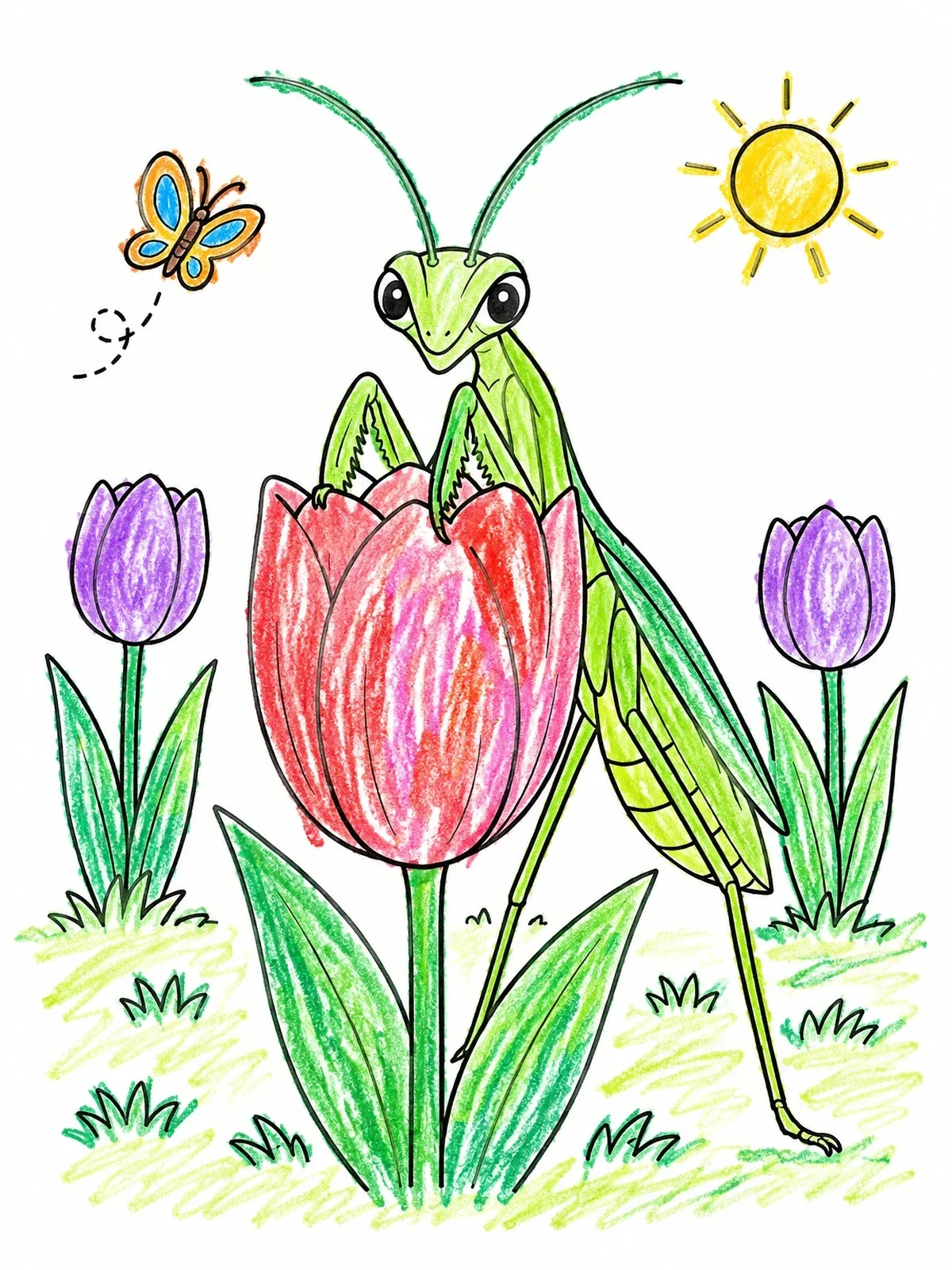 Colored example of the Cute Praying Mantis On A Tulip coloring page