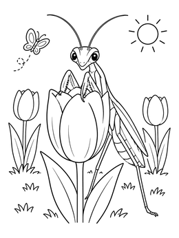Free printable Cute Praying Mantis On A Tulip coloring page