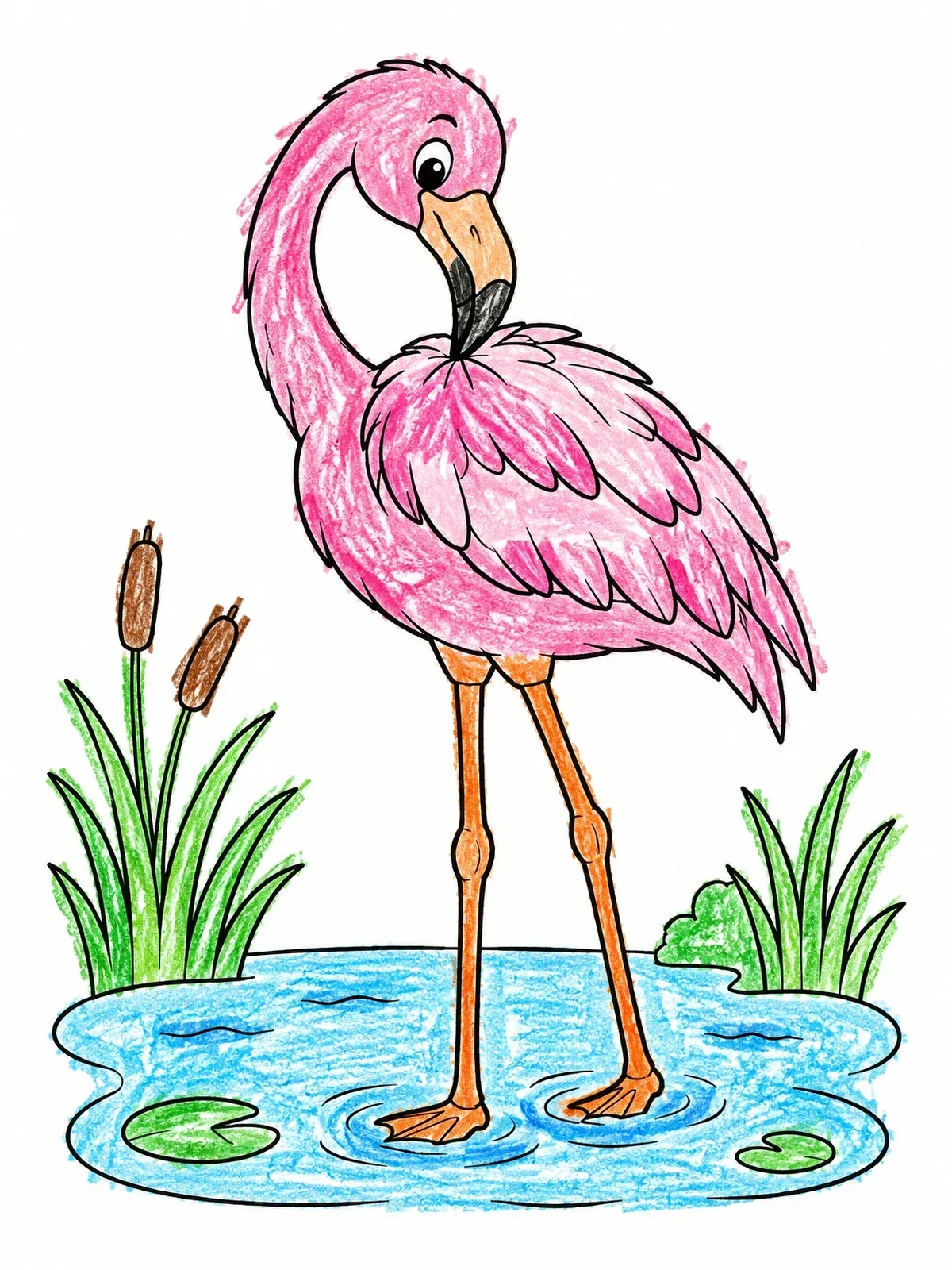 Colored example of the Cute Preening Flamingo In Pond coloring page