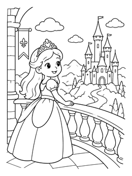 A cute princess coloring page showing a young royal standing on a palace balcony admiring a distant castle.