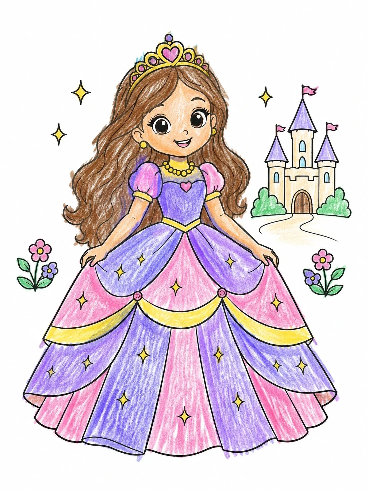 Colored example of the Cute Princess In Sparkly Ball Gown coloring page