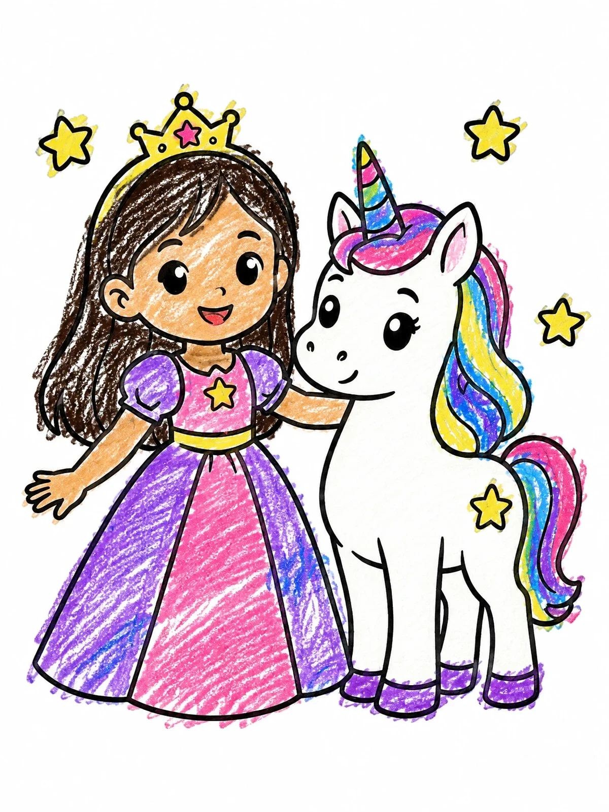 Colored example of the Cute Princess With Magic Unicorn coloring page