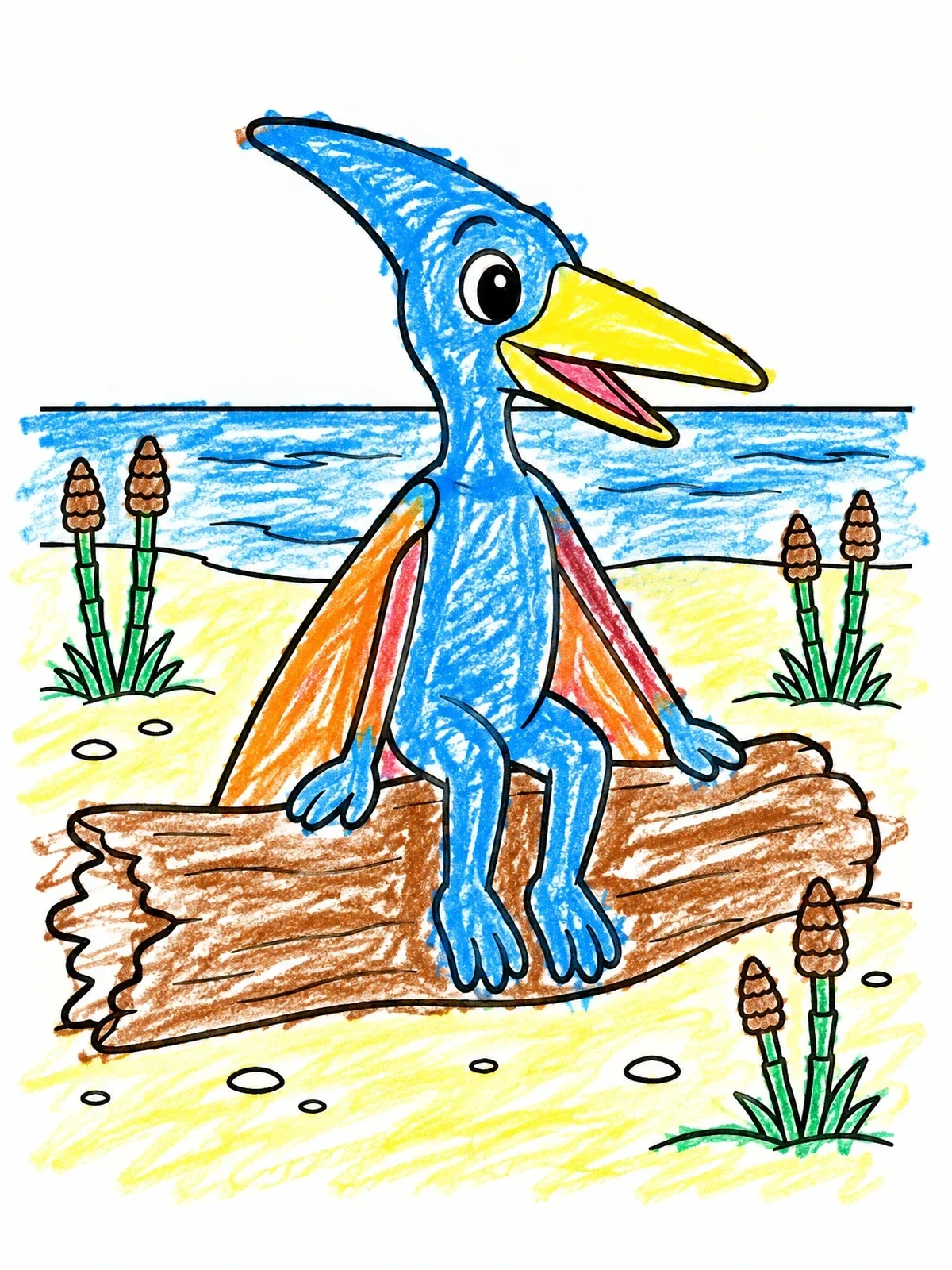 Colored example of the Cute Pteranodon On A Log coloring page