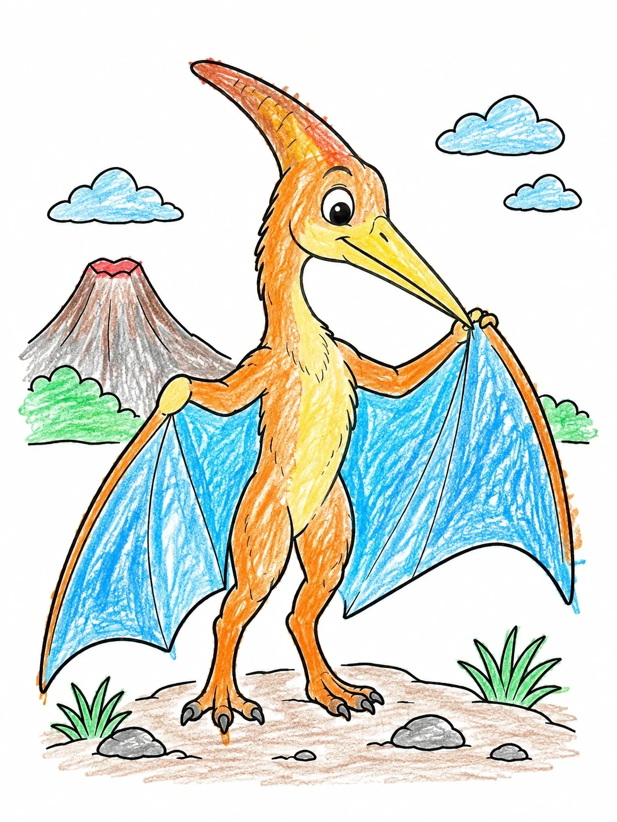 Colored example of the Cute Pterodactyl Cleaning Its Wing coloring page