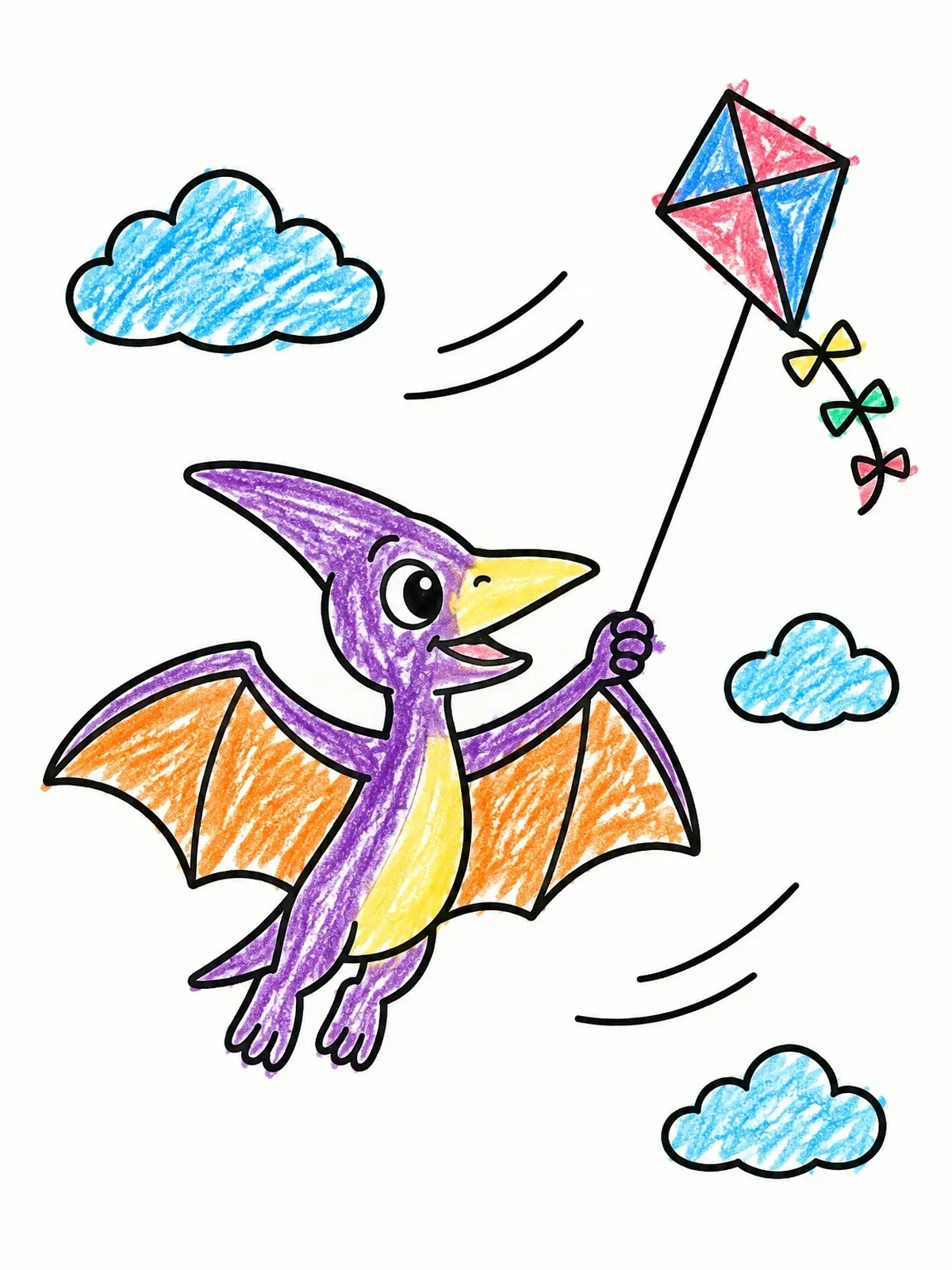 Colored example of the Cute Pterodactyl Flying A Kite coloring page