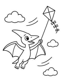 A cheerful pterodactyl coloring page showing the baby dino flying a kite in the sky.