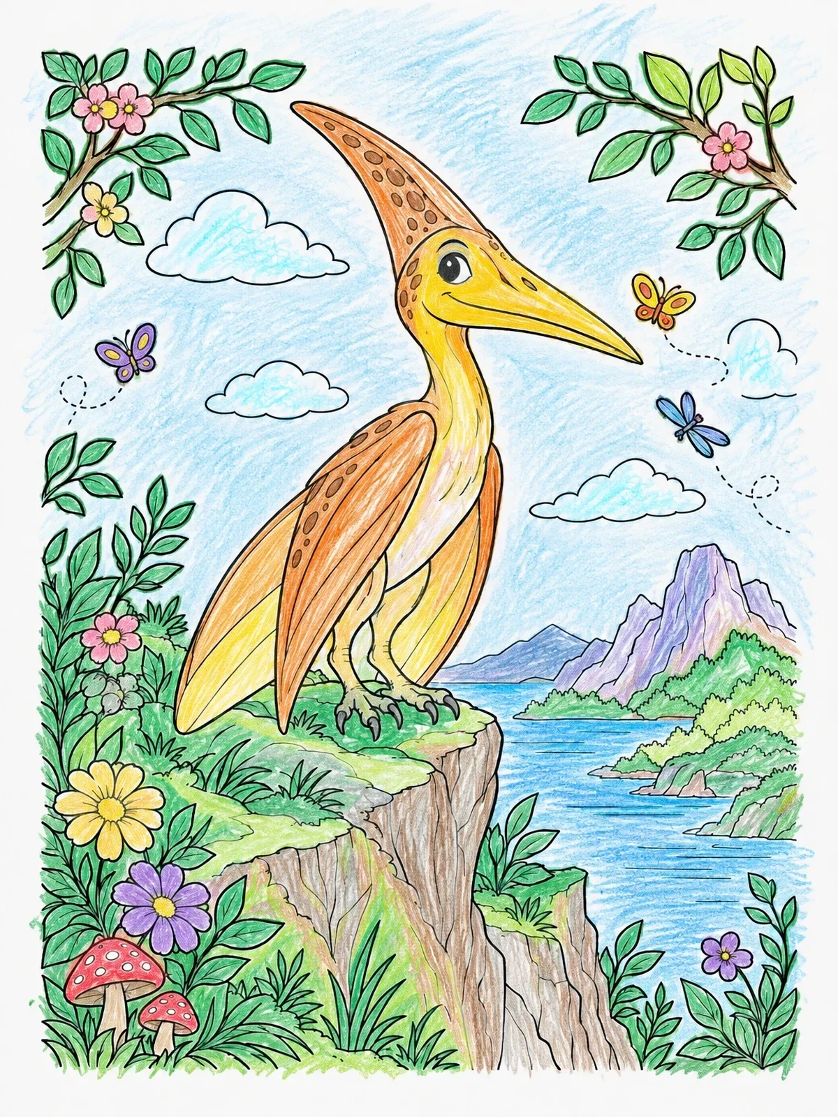 Colored example of the Cute Pterodactyl On A Scenic Cliff coloring page