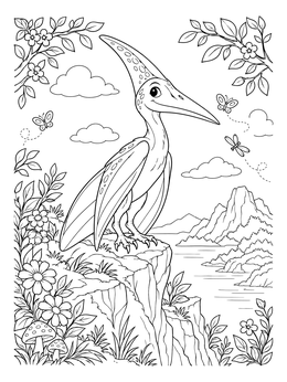 A smiling dinosaur rests outside in this pterodactyl coloring page.