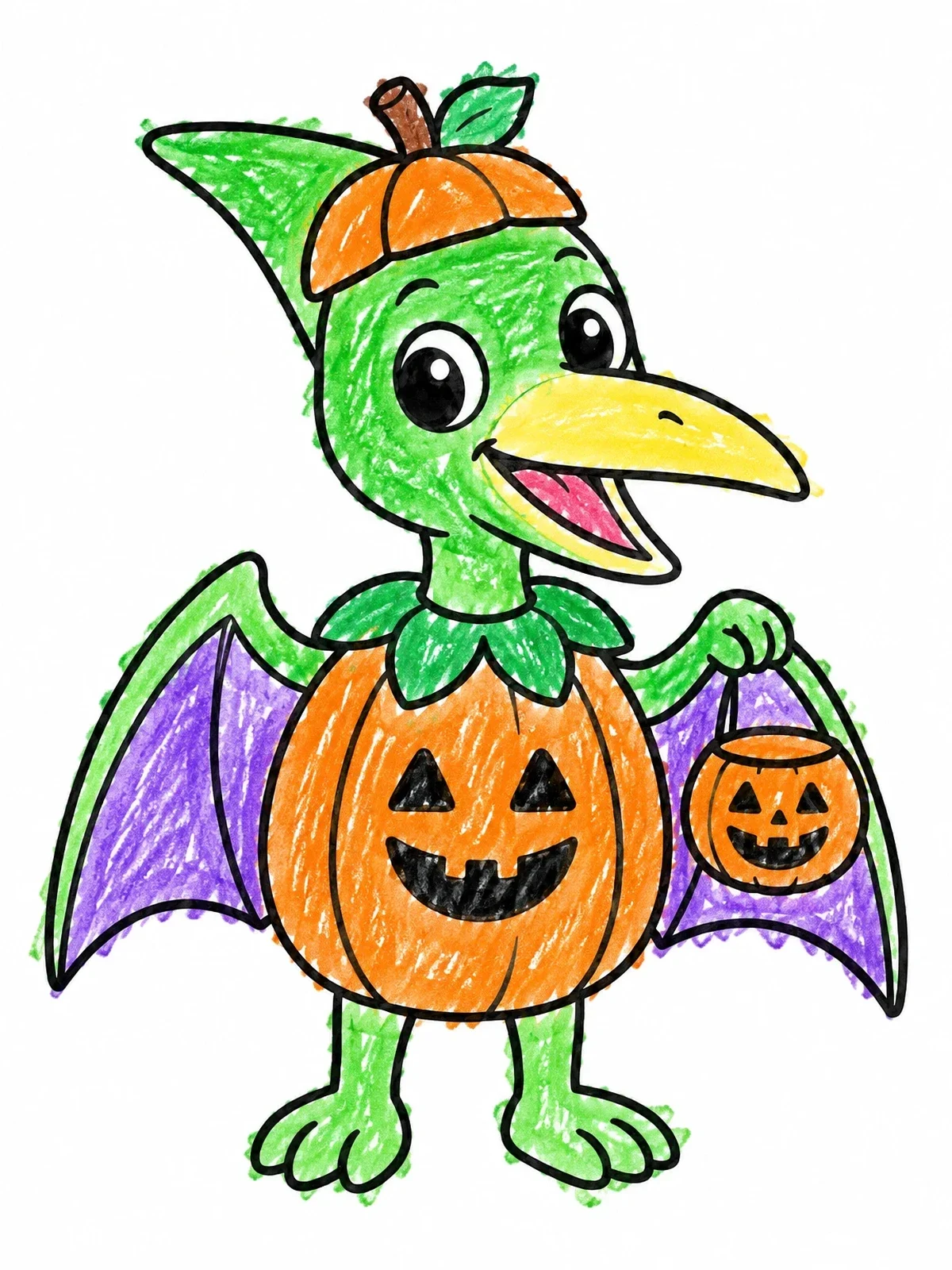 Colored example of the Cute Pterodactyl In Pumpkin Costume coloring page