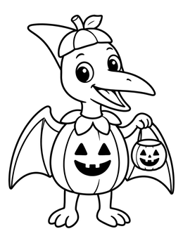 A cute pterodactyl coloring page showing a baby dinosaur wearing a pumpkin costume with a candy bucket.