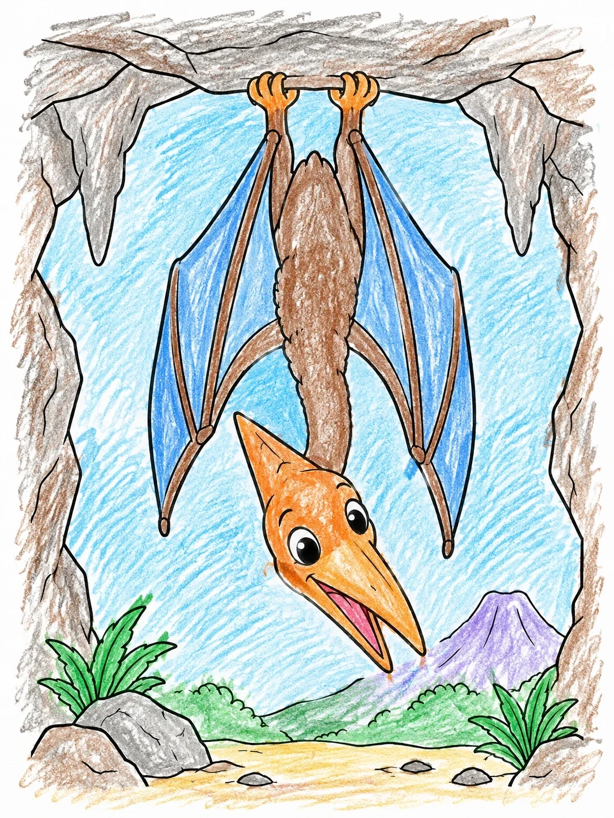 Colored example of the Cute Pterodactyl Roosting In A Cave coloring page