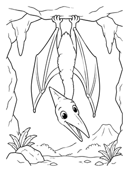 A cute pterodactyl coloring page showing the flying reptile hanging upside down from a cave.