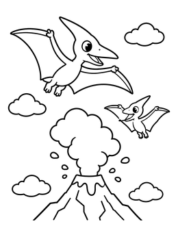Free printable Cute Pterodactyls Flying Over Volcano coloring page