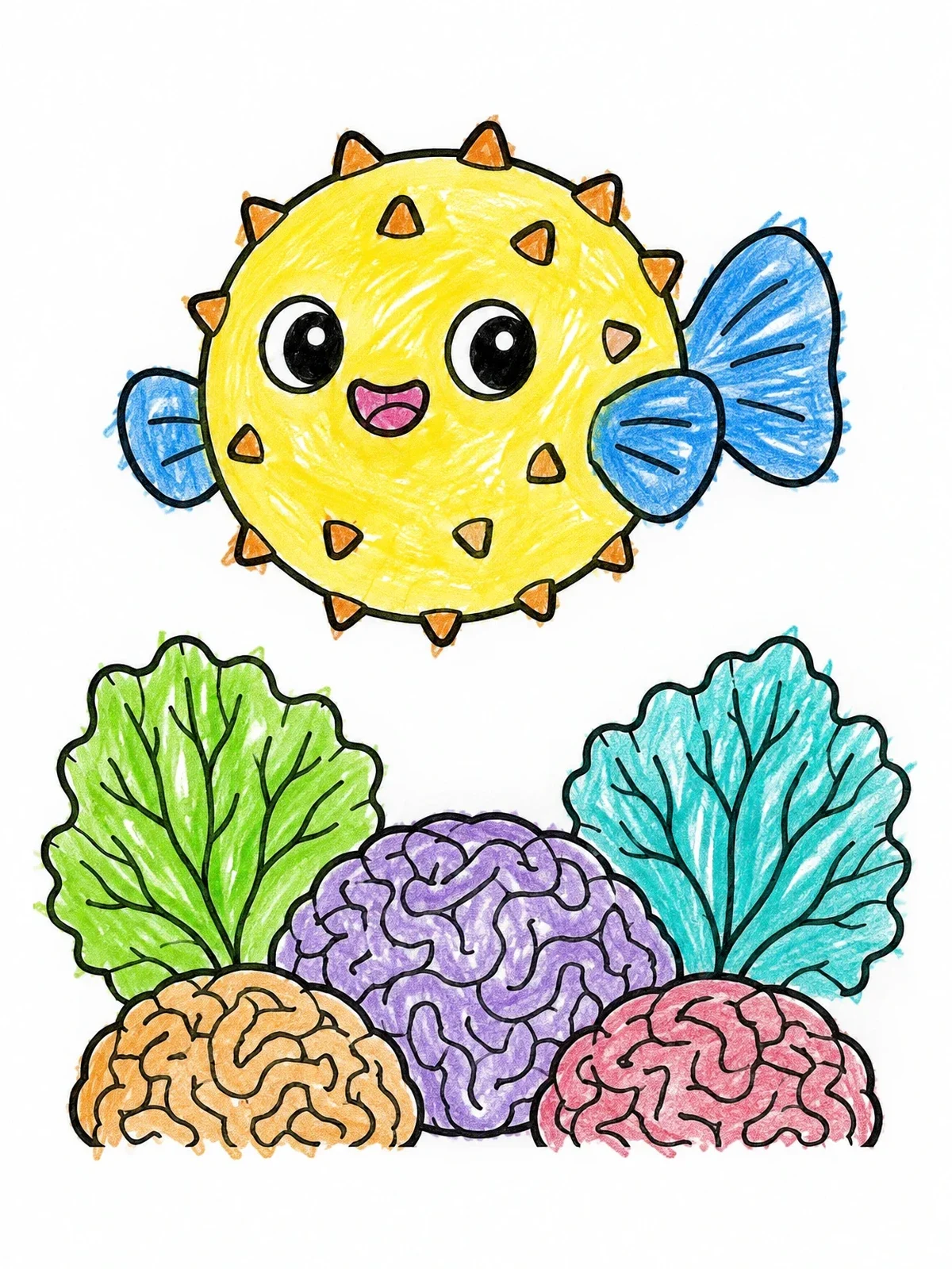 Colored example of the Cute Puffer Fish Above Corals coloring page