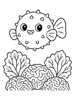 Free printable Cute Puffer Fish Above Corals coloring page