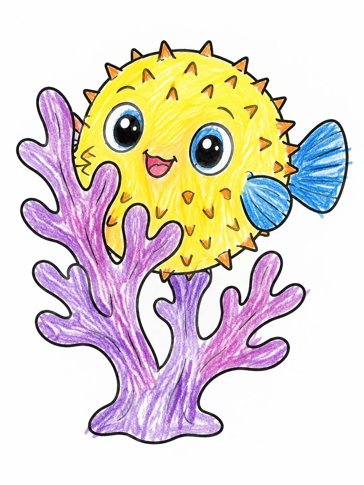 Colored example of the Cute Puffer Fish Behind Coral coloring page