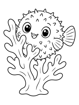 Free printable Cute Puffer Fish Behind Coral coloring page