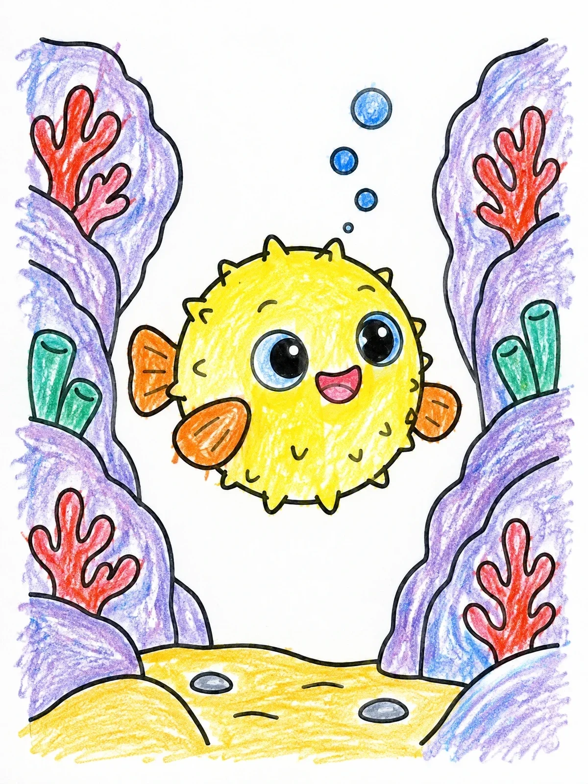 Colored example of the Cute Puffer Fish Between Corals coloring page