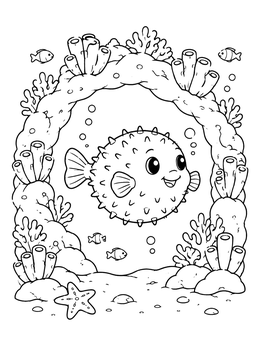 Free printable Cute Puffer Fish In Coral Reef coloring page
