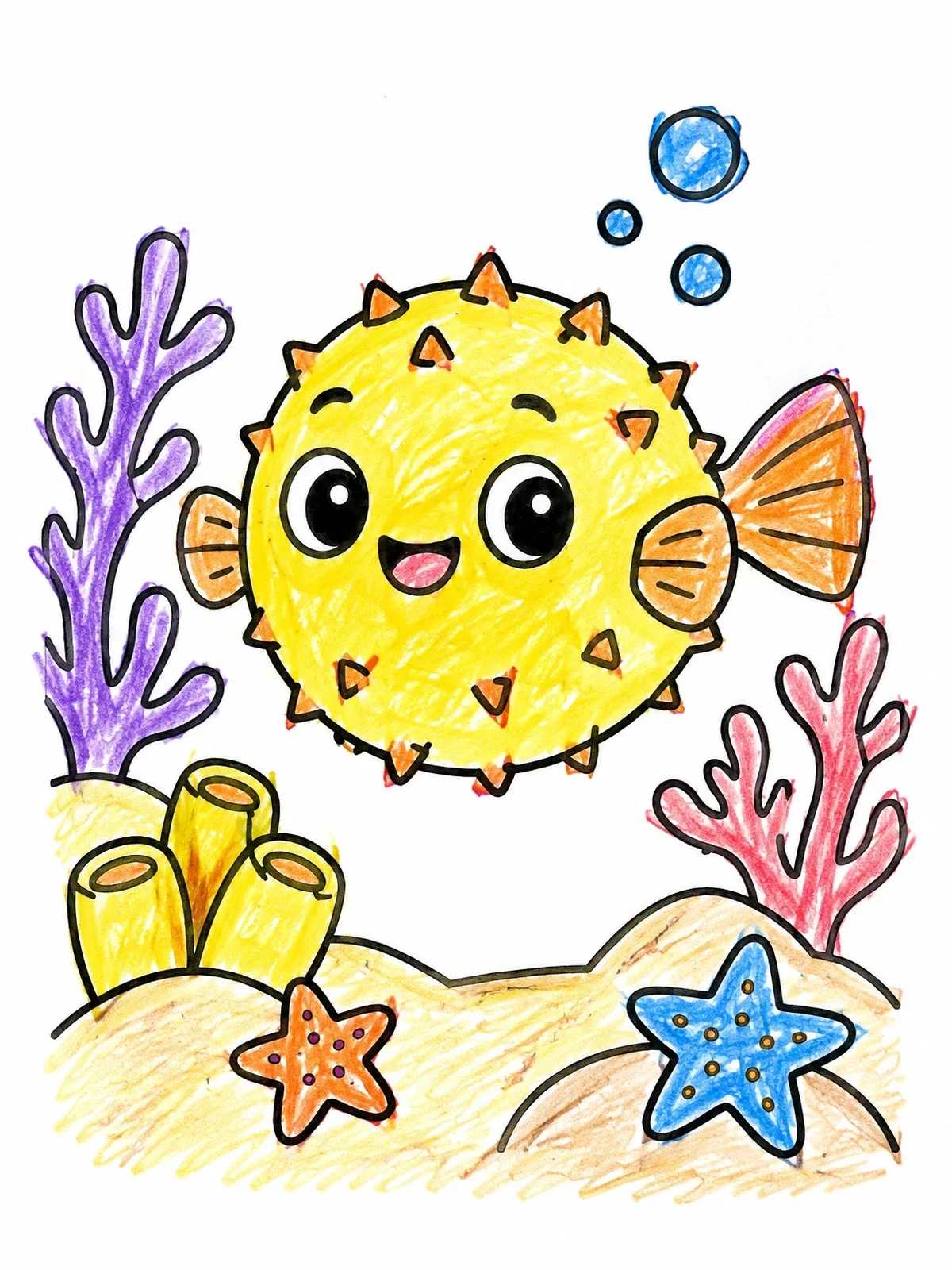 Colored example of the Cute Puffer Fish In Coral Reef coloring page