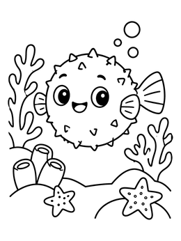 Free printable Cute Puffer Fish In Coral Reef coloring page