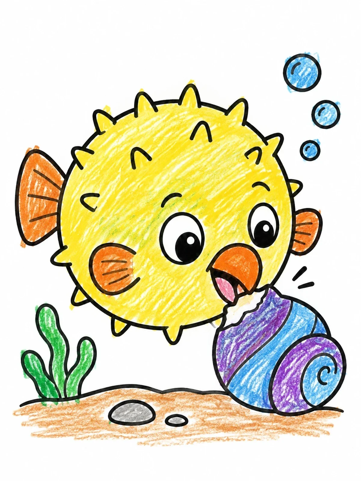 Colored example of the Cute Puffer Fish Nibbling Snail Shell coloring page
