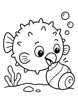 Free printable Cute Puffer Fish Nibbling Snail Shell coloring page