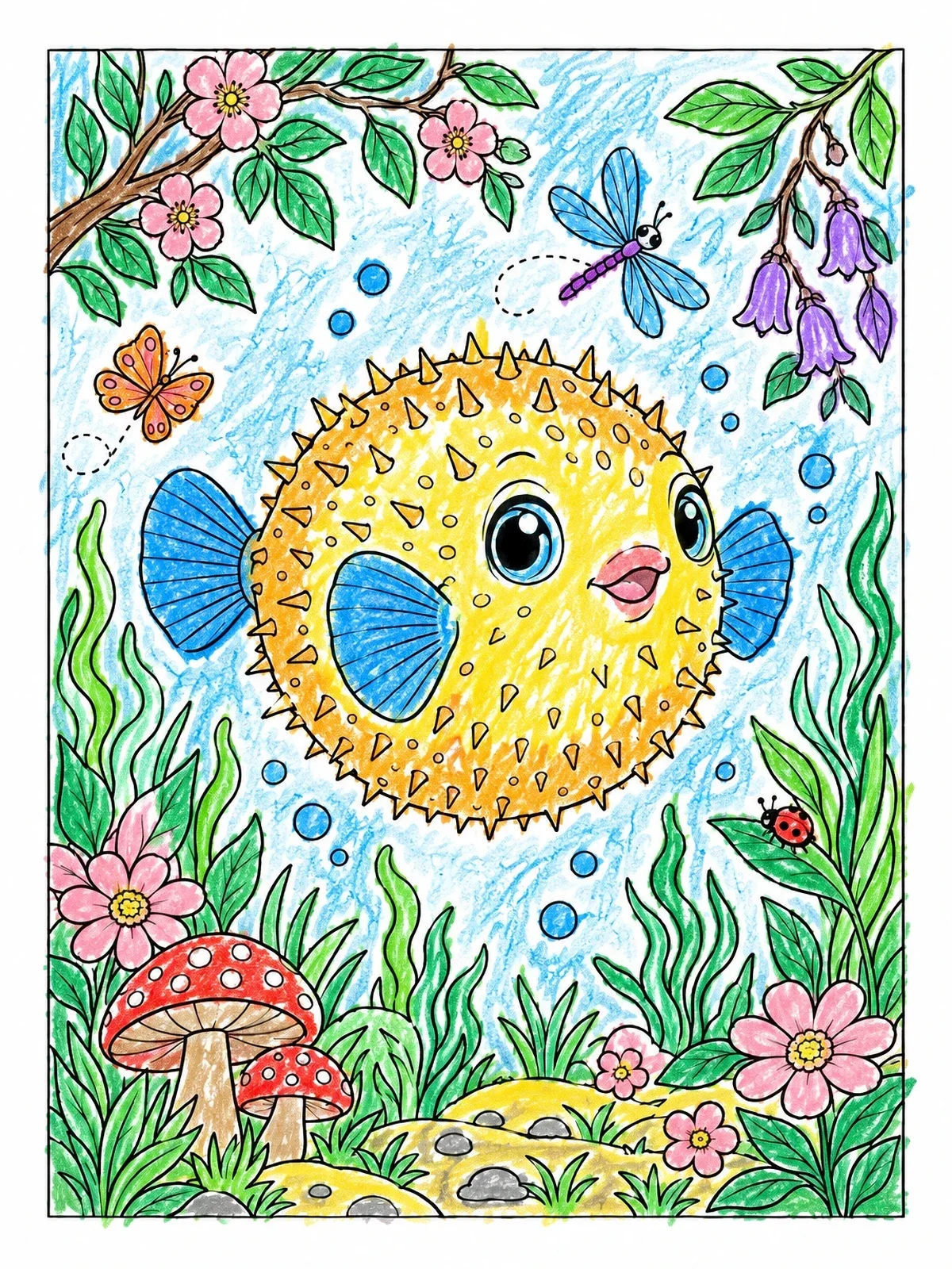 Colored example of the Cute Puffer Fish In Fantasy Garden coloring page