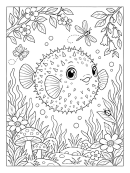 Free printable Cute Puffer Fish In Fantasy Garden coloring page