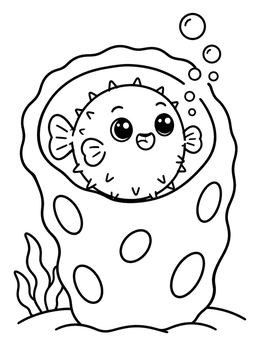 Free printable Cute Puffer Fish In Sea Sponge coloring page