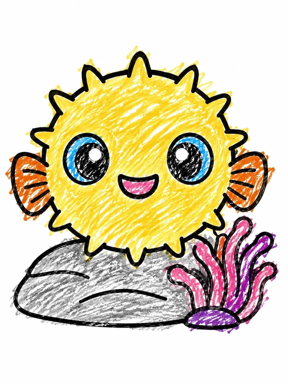 Colored example of the Cute Puffer Fish On Reef Rock coloring page