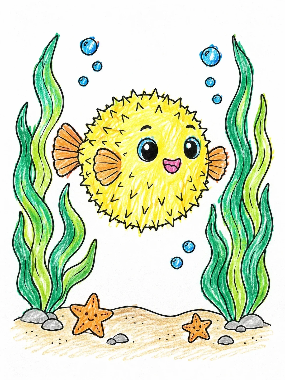 Colored example of the Cute Puffer Fish Swimming Underwater coloring page