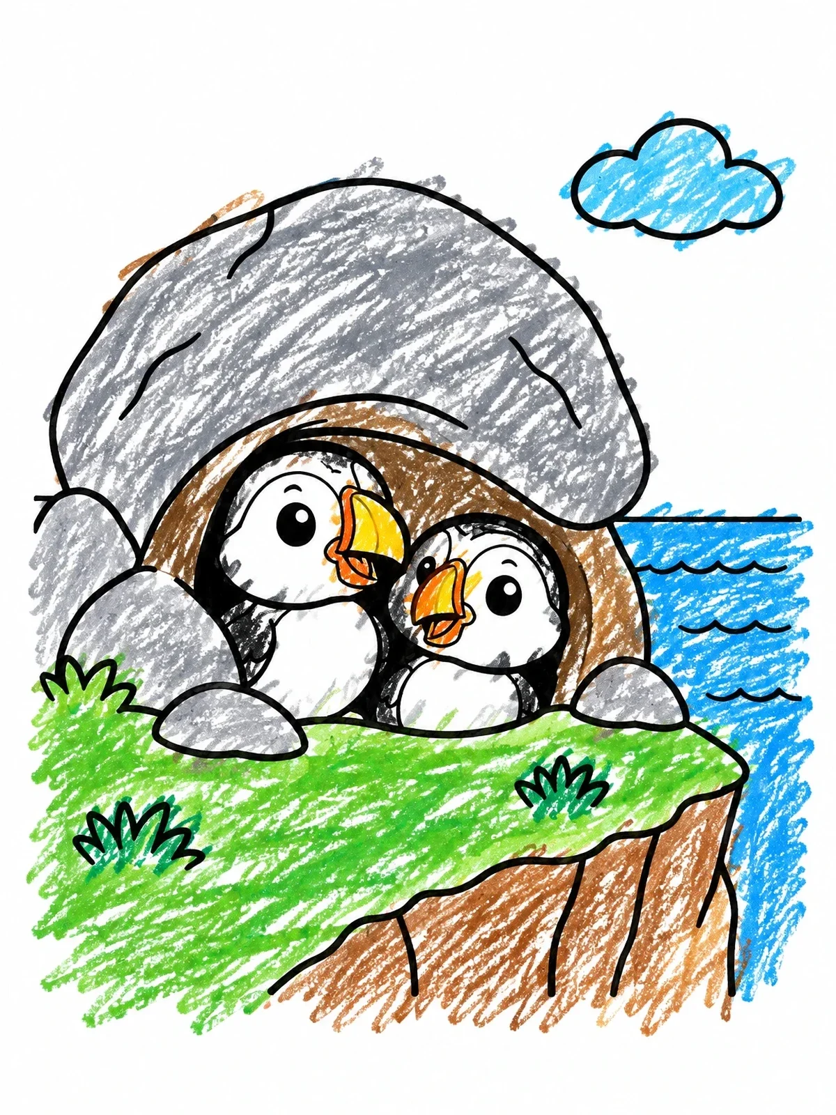 Colored example of the Cute Puffin Chicks In Rock Cave coloring page