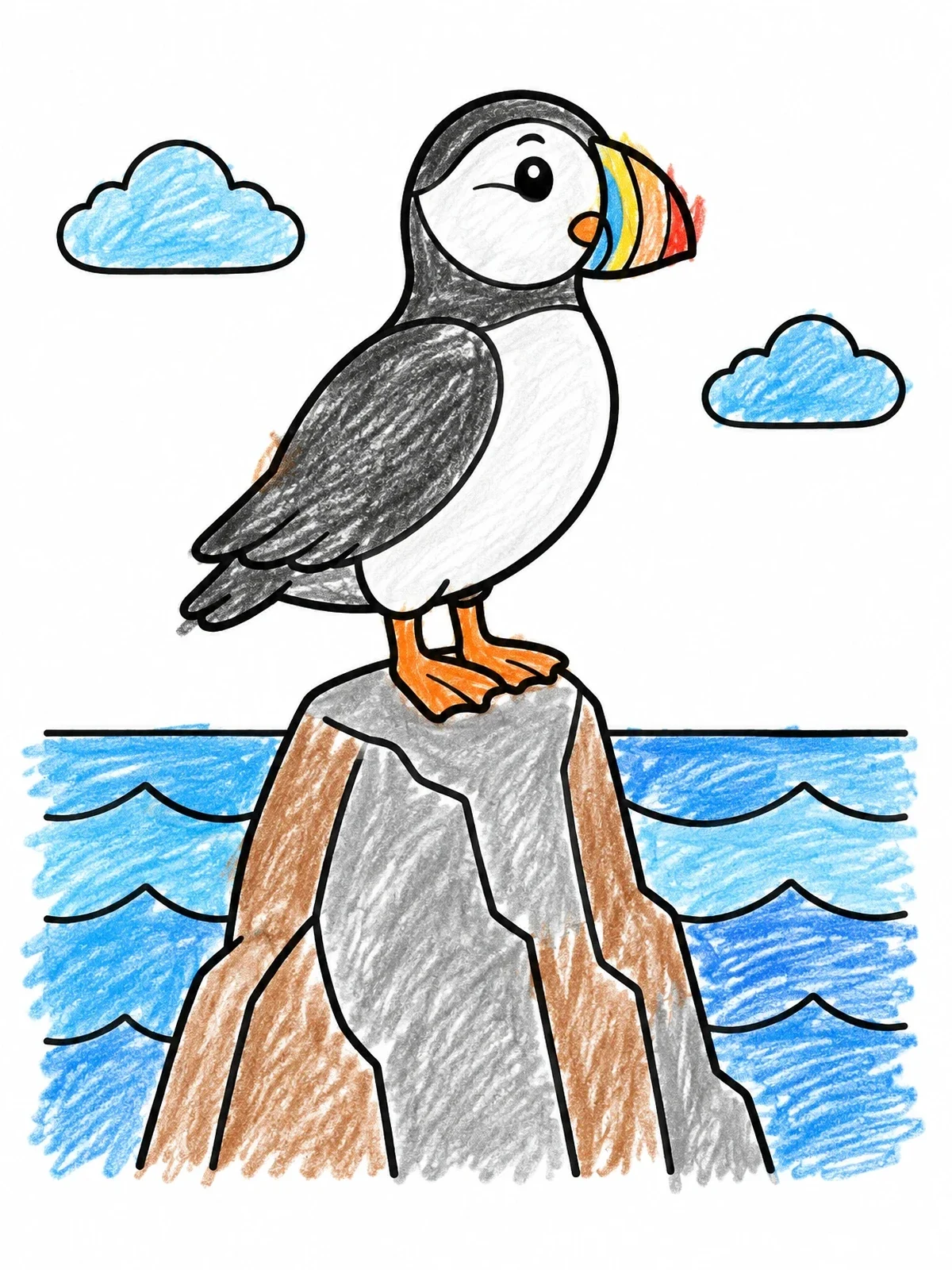 Colored example of the Cute Puffin On A Sea Rock coloring page