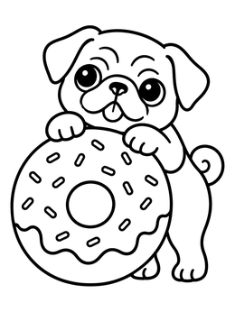 Free printable Cute Pug Hugging A Giant Donut coloring page