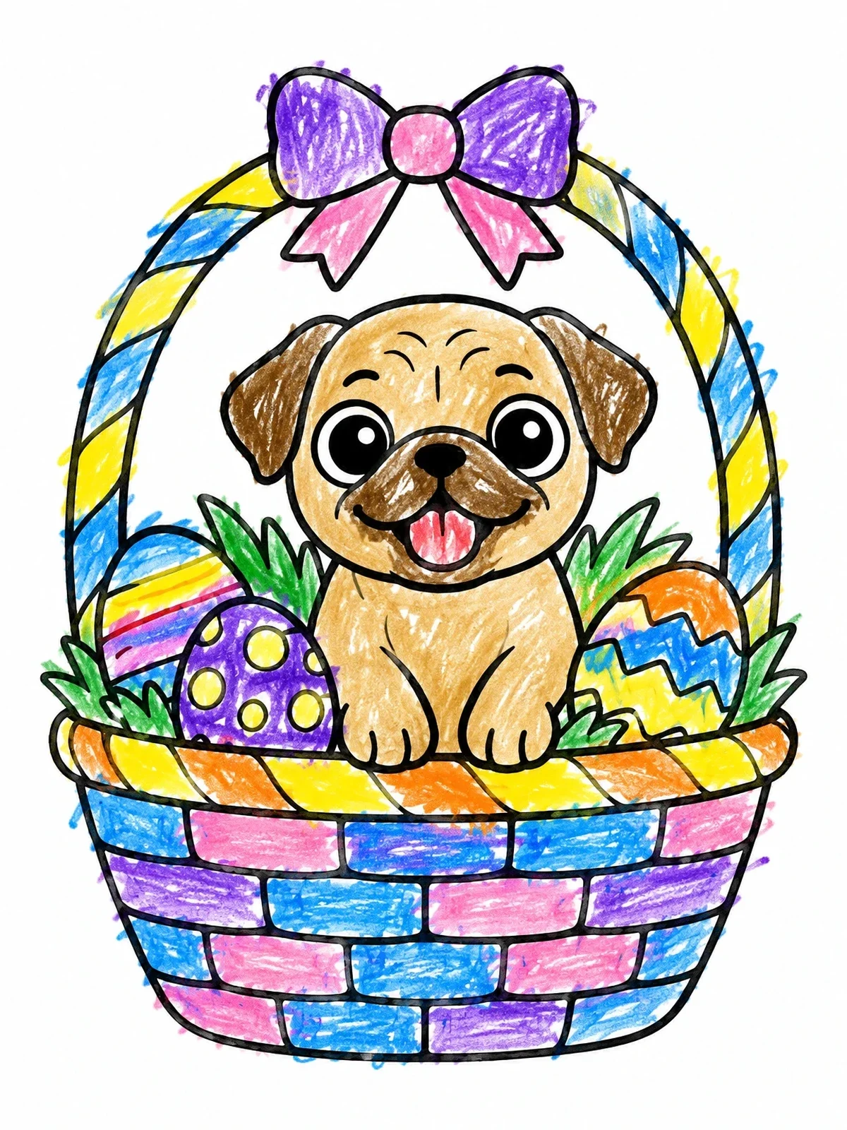 Colored example of the Cute Pug In Easter Basket coloring page