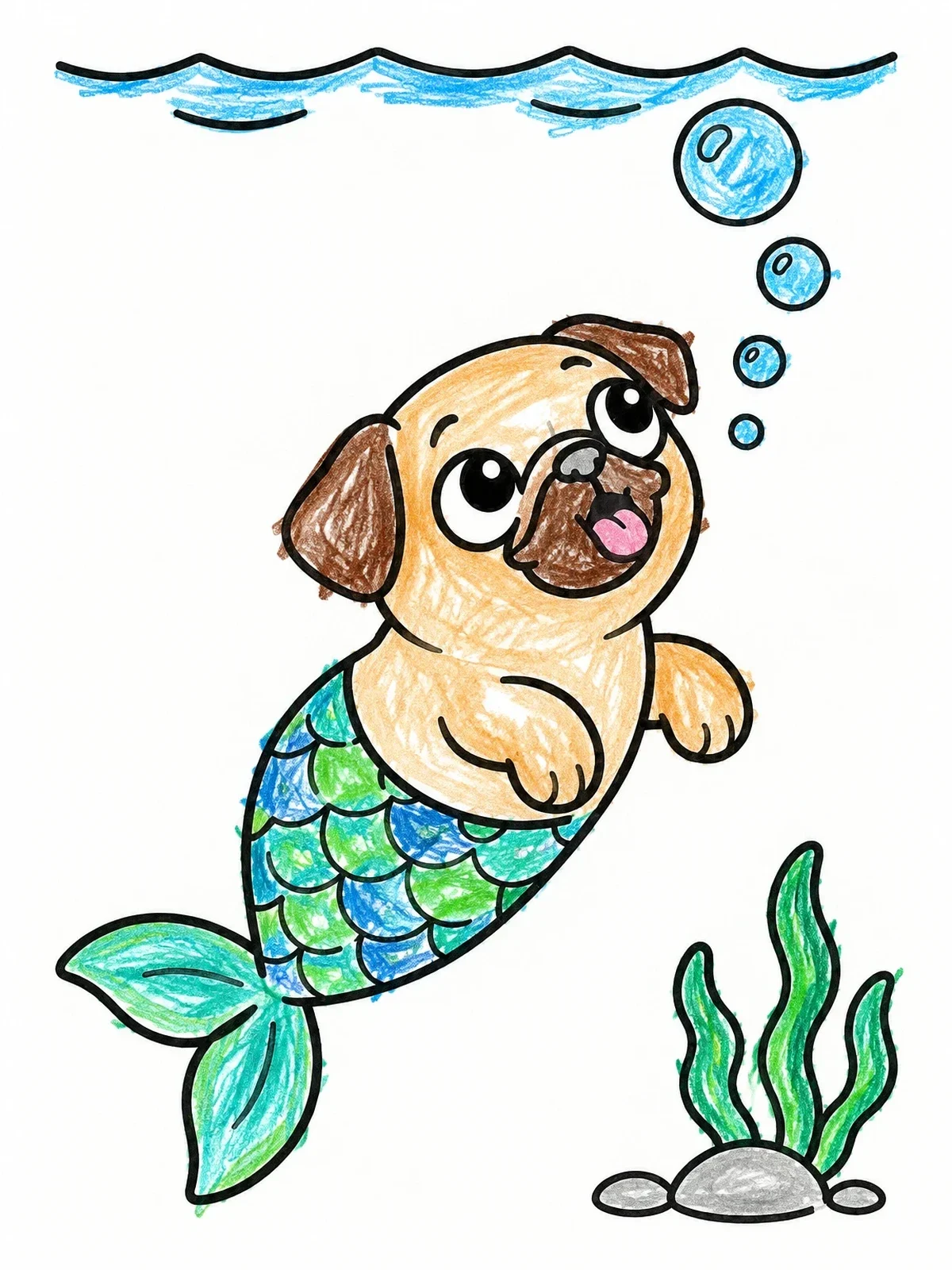 Colored example of the Cute Pug Mermaid Swimming Underwater coloring page
