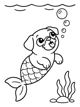 Free printable Cute Pug Mermaid Swimming Underwater coloring page