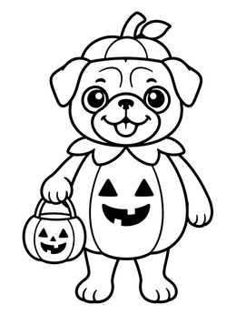 A happy puppy dressed up in this pug coloring page with a treat bucket.