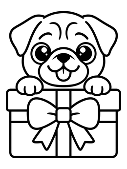 Free printable Cute Pug Puppy In Gift Box coloring page